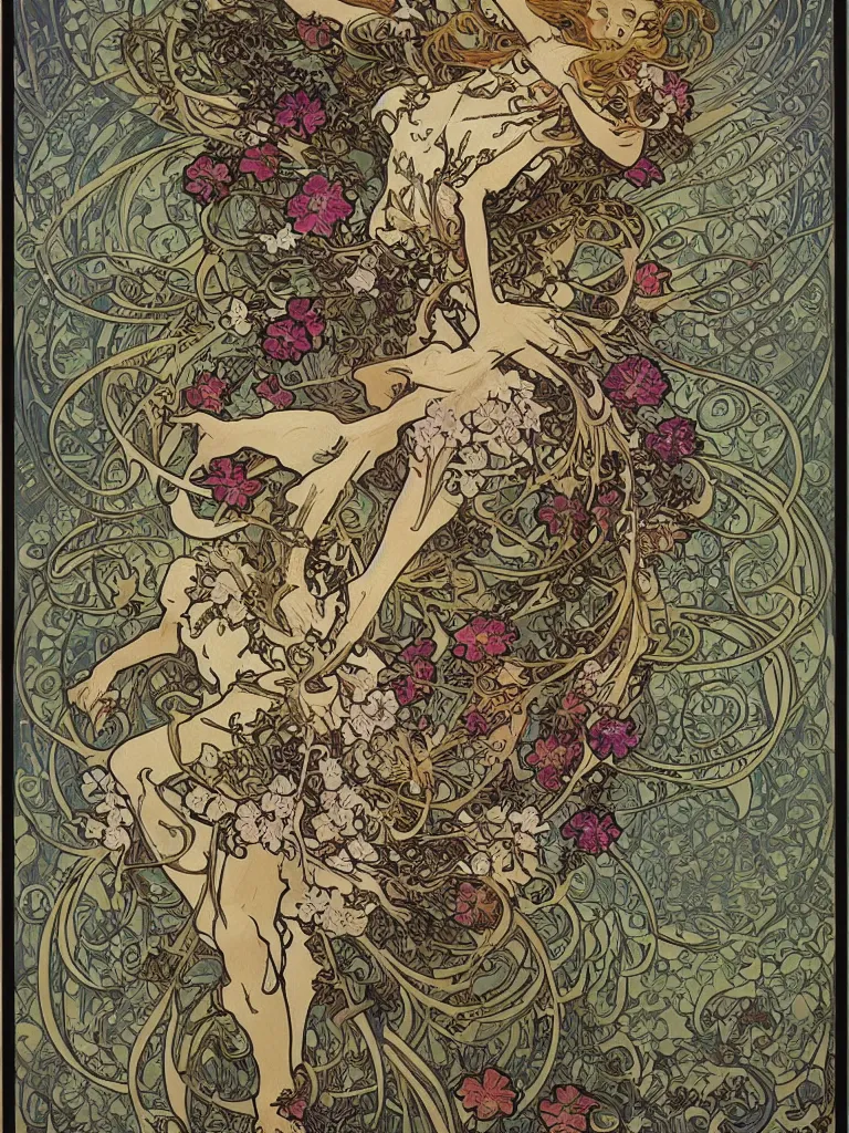 Prompt: a skeleton covered in flowers in a dynamic pose, art nouveau patterns, alphonse mucha, james jean, highly detailed, soft lighting,