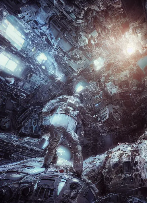 Image similar to infrared concept art by craig mullins astronaut in futuristic dark and empty spaceship underwater. complex and hyperdetailed technical suit. mandelbulb fractal. reflection and dispersion materials. rays and dispersion of light. volumetric light. 5 0 mm, f / 3 2. noise film photo. flash photography. octane render. interstellar movie art