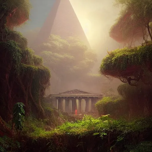 Image similar to ancient pyramid, overgrown undergrowth vegitation, dark volumentric ambient lighting, painting by thomas cole and greg rutkowski