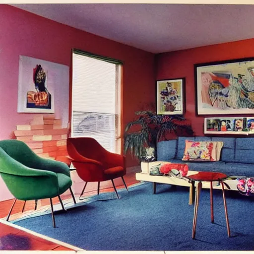 Prompt: a typical American living room from the 1960s