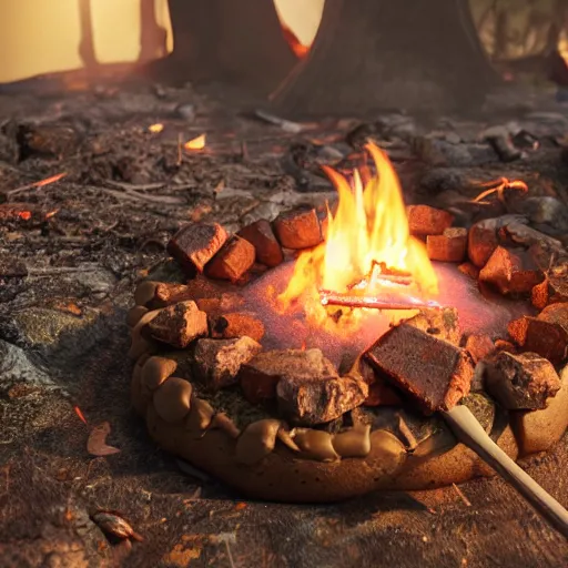 Image similar to a birthday cake with a camp fire on top, photography, photorealistic, concept art, octane render, unreal engine 5, highly detailed, high quality, 8 k, soft lighting,