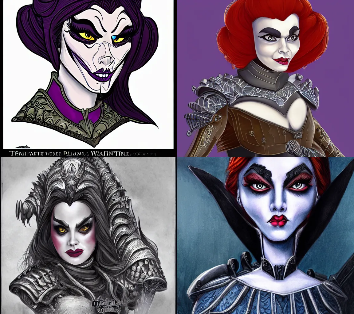 Prompt: Portrait, female Disney villain, armored, hyper-detailed, tim burton,