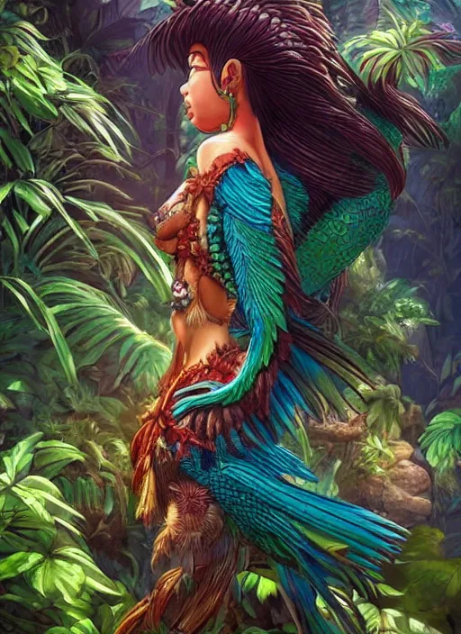 Prompt: A mayan quetzal bird , in a jungle glowing beautiful fantasy art by By Artgerm and Hayao Miyazaki, trending on artstation.