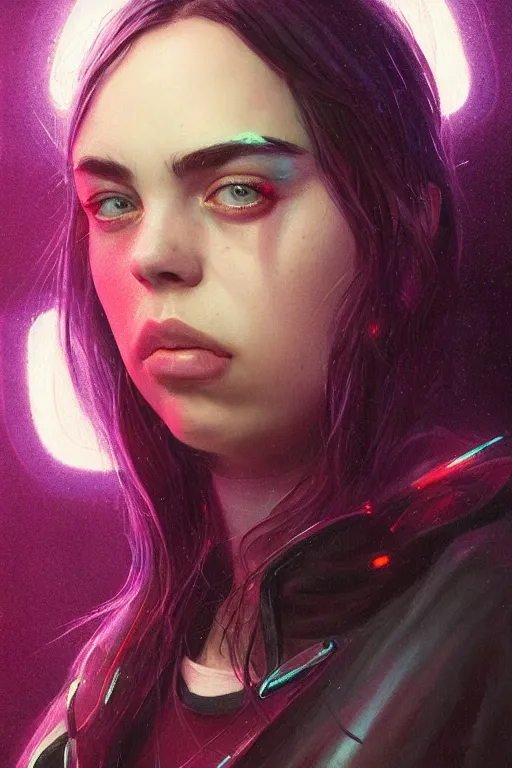 Prompt: portrait of billie eilish with a scaly skin and biotechnical parts and neon light by Artgerm and Greg Rutkowski , digital painting, highly detailed, trending on artstation