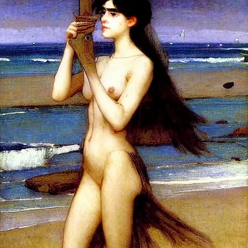 Image similar to a very beautiful futuristic girl on the beach drawn by john william waterhouse