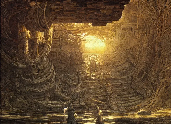 Prompt: a big robot!!! discovers the ruins of a partly submerged temple to the elder gods, golden hour, dramatic lighting, fluid, smooth, bright, colours, high contrast, sharpness, very detailed, intricate, by donato giancola, gustave dore and junji ito and caravaggio