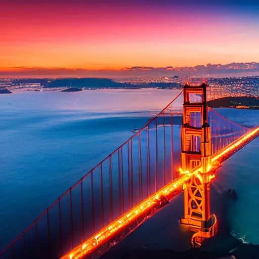 Image similar to golden gate bridge, sunset, dragon flying above