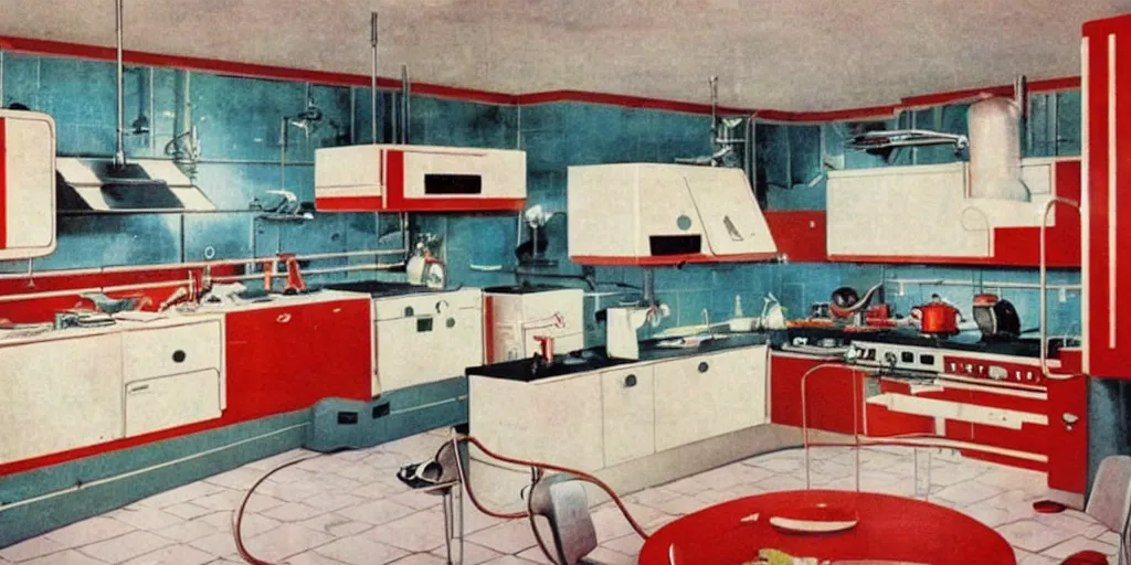 Image similar to soviet retro - futuristic kitchen, space station