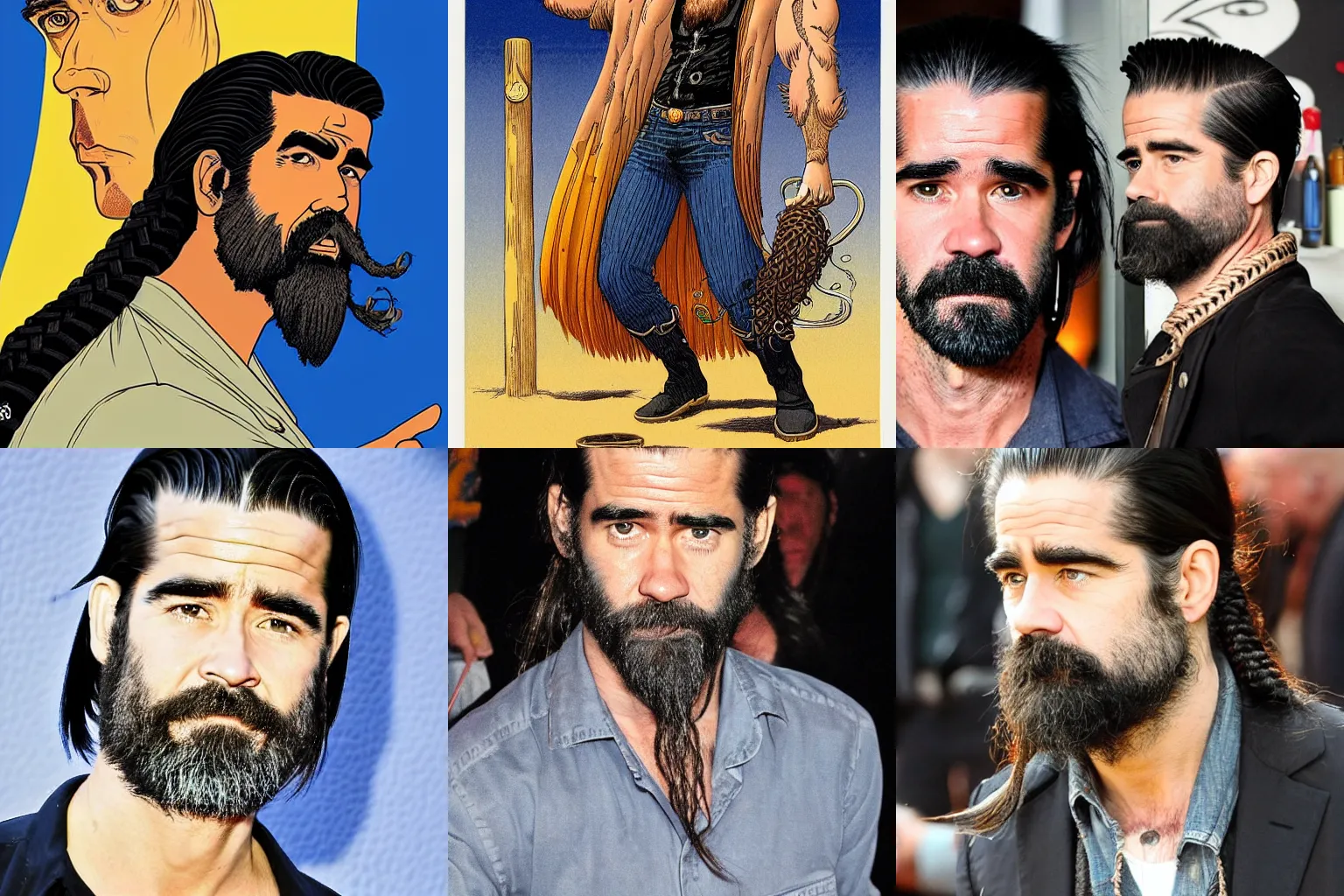 Prompt: Jean Giraud style long black two braided beard thick eyebrows colin farrell with black hair drinking a pint of beer