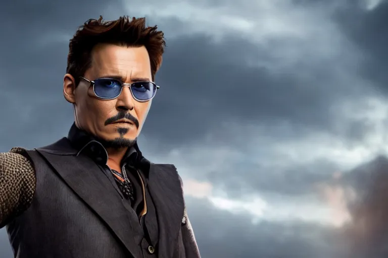 Image similar to film still of Johnny Depp as Tony Stark in new avengers movie, 4k