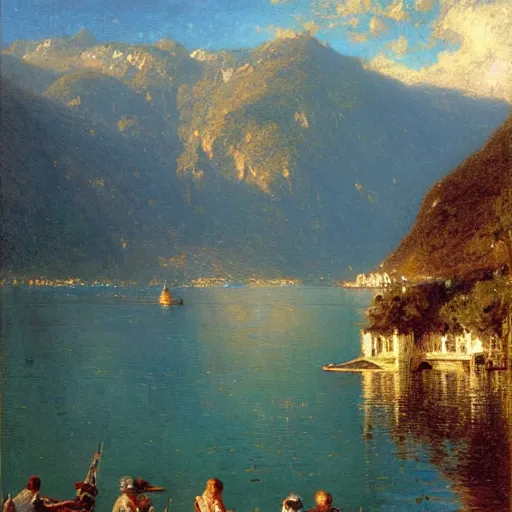 Prompt: detailed cinematic wide shot of lake como, ultra realistic, spring light, painting by gaston bussiere, craig mullins, j. c. leyendecker