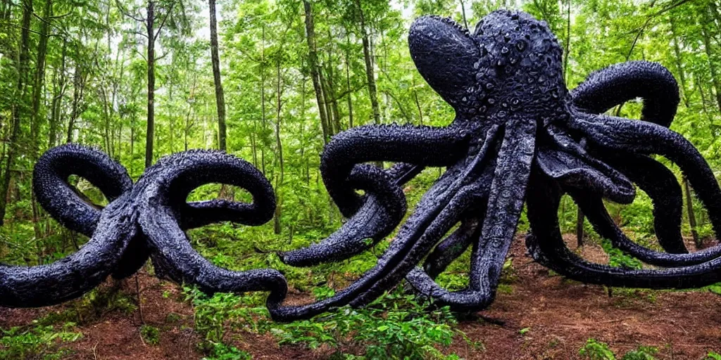 Image similar to a highly detailed giant black octopus god in the middle of a forest, beautiful ambient light, sun rays hitting the slightly transparent creature, 8k photography