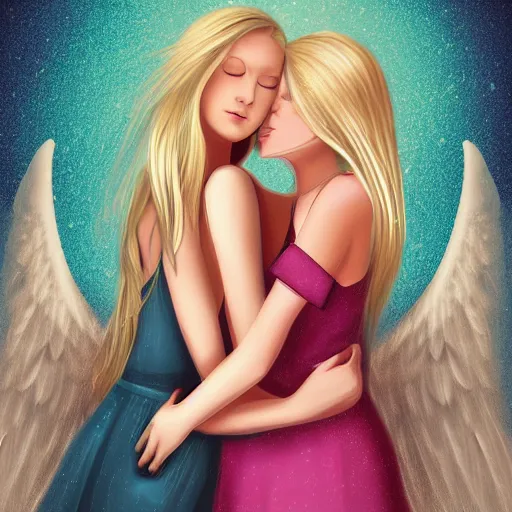 Image similar to an illustration of a young woman with long blond hair hugging her friend, a girl with angel wings, digital art