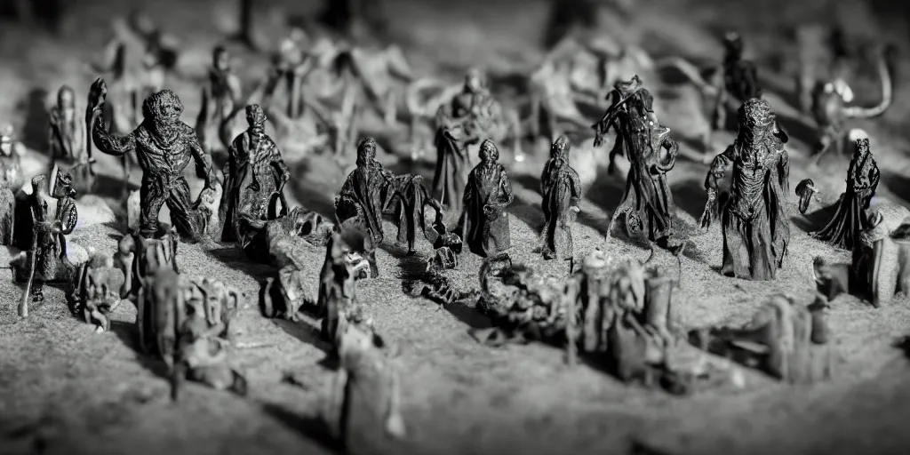 Image similar to miniature figurines of lovecraft's elder gods, detailed, tilt shift, product photography