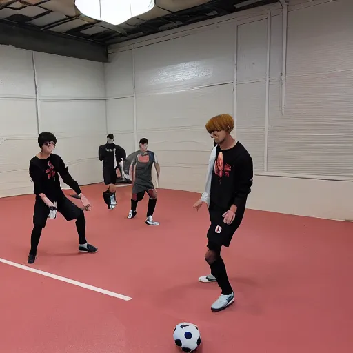 Prompt: bts playing soccer in their house.