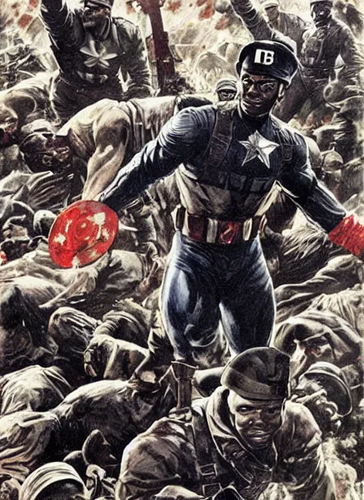 Image similar to black captain america standing on a pile of defeated german soldiers. black captain america wins wwii. american wwii propaganda poster by james gurney