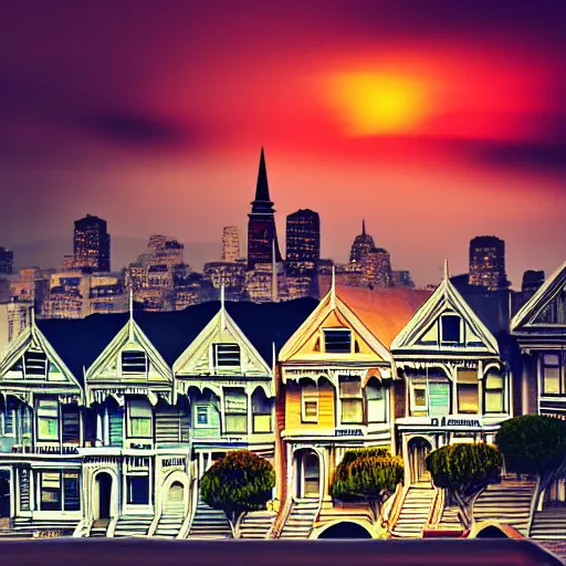 Image similar to a photograph of the painted ladies in san francisco at sunset foggy artstation cyberpunk dreamscape high definition