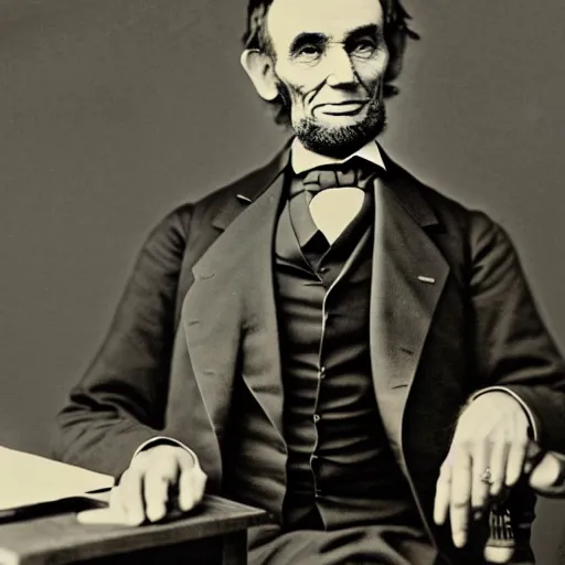 Prompt: Portrait of Abraham Lincoln using a laptop computer, 1865