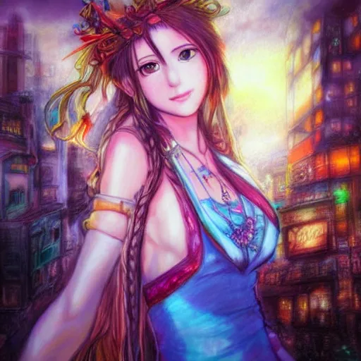 Image similar to dreamy colorful portrait drawing of aerith gainsborough from from final fantasy 7 with the steam punk city midgard as backdrop, by master artist yoshitaka amano trending on artstation