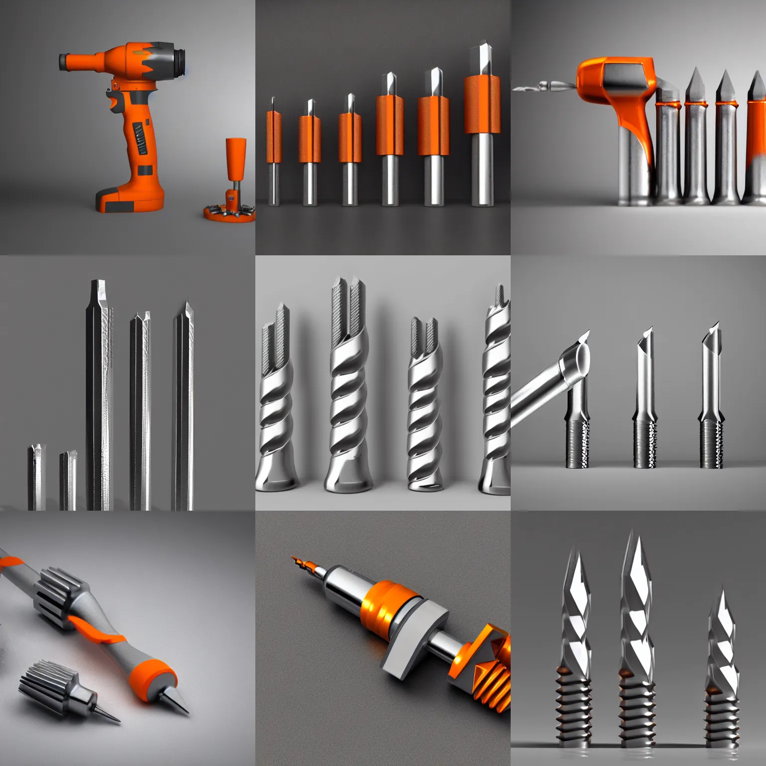 Prompt: cad render of 4 chrome metal drill bits, parametric solid works, studio photo, white and grey, orange details, octane render, 5 0 mm