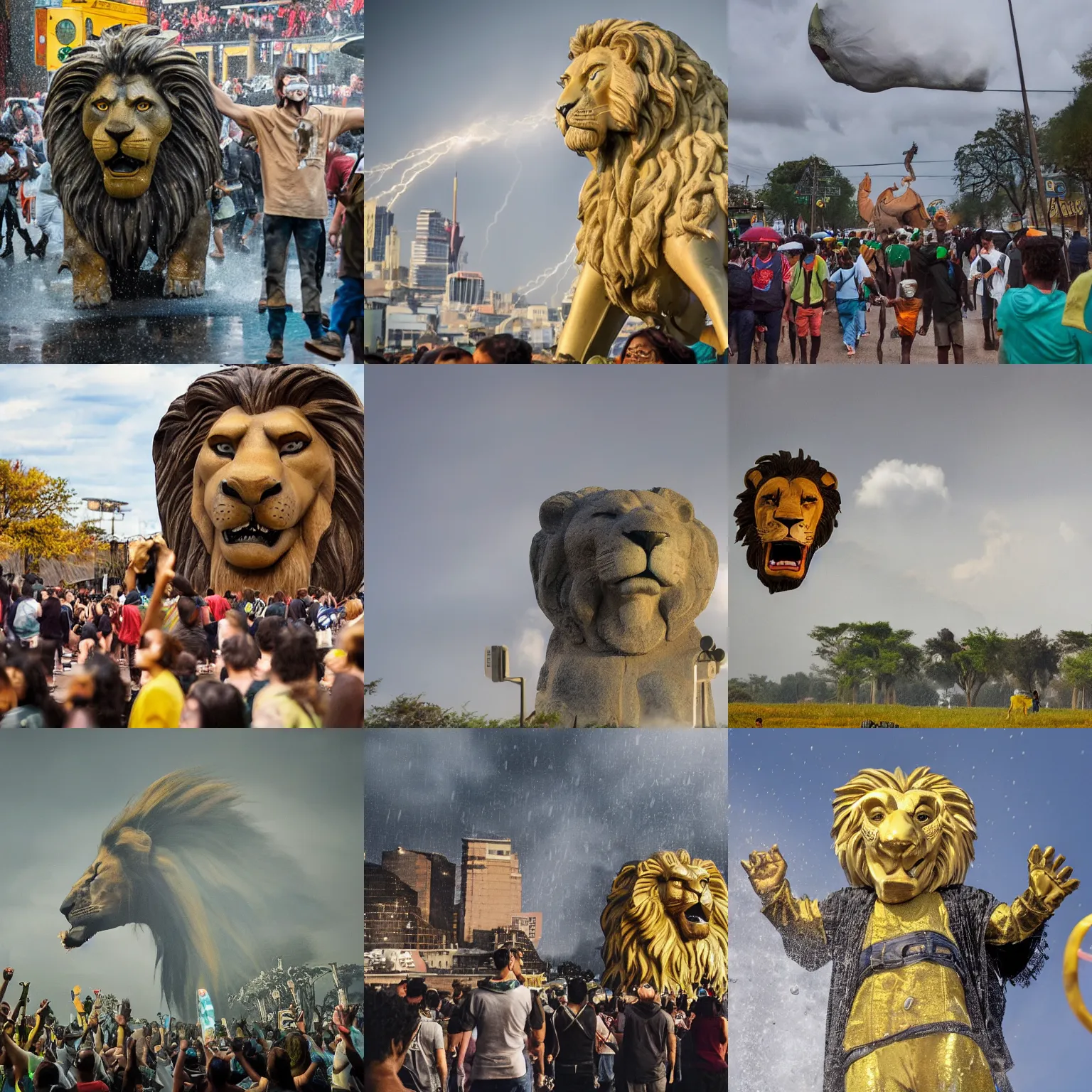 Prompt: people standing in the toxic rain worship the giant cartoon lion head of king mufasa fly from the epic magical skies, king mufasa fly in sky