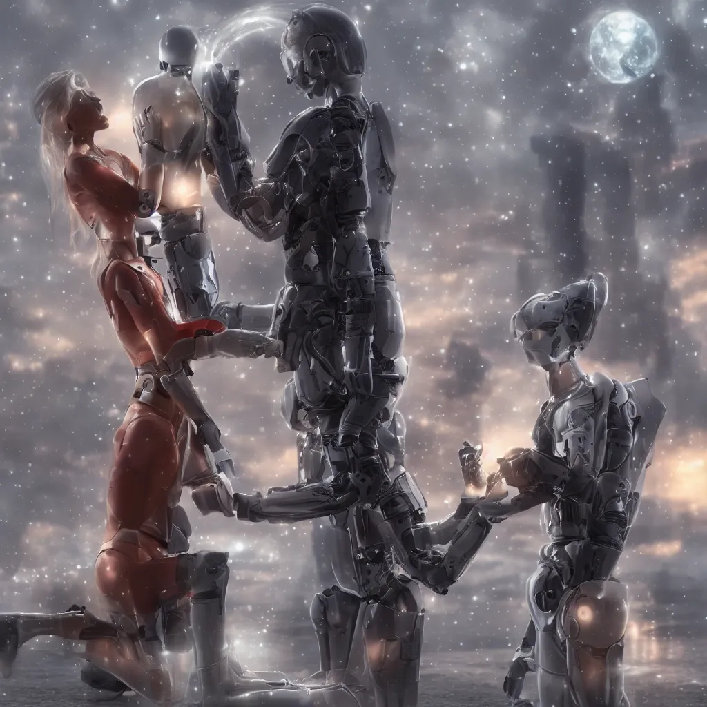 Image similar to male humanoid android proposing to female android, photo realistic image, 4K, super detailed, cinematic look