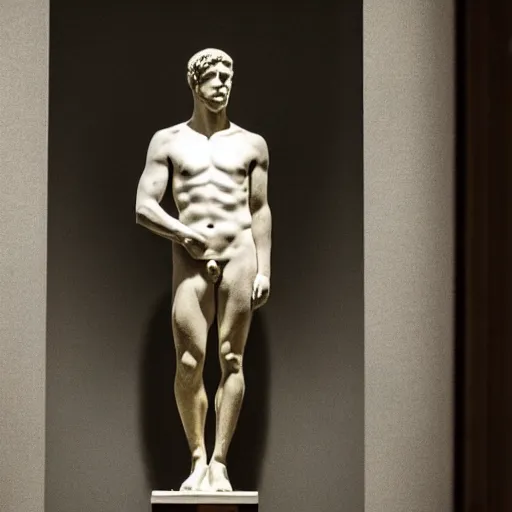 Image similar to ryan gosling as roman statue, dramatic light, reflective, clear, museum exposition