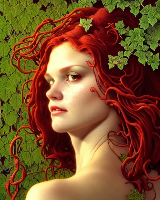 Image similar to closeup portrait the platonic ideal of flowers and vines, poison ivy, beautiful succubus, intricate, hyperrealism, intense, dmt, artgerm, moebius, greg rutkowski, maxfield parrish, dan mumford, moebius, alphonse mucha