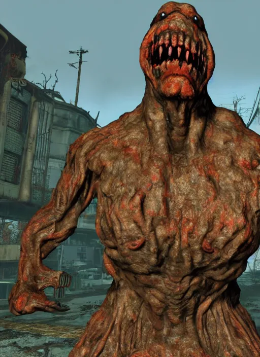 Prompt: Scary disturbing grotesque giant flesh monster in fallout 4