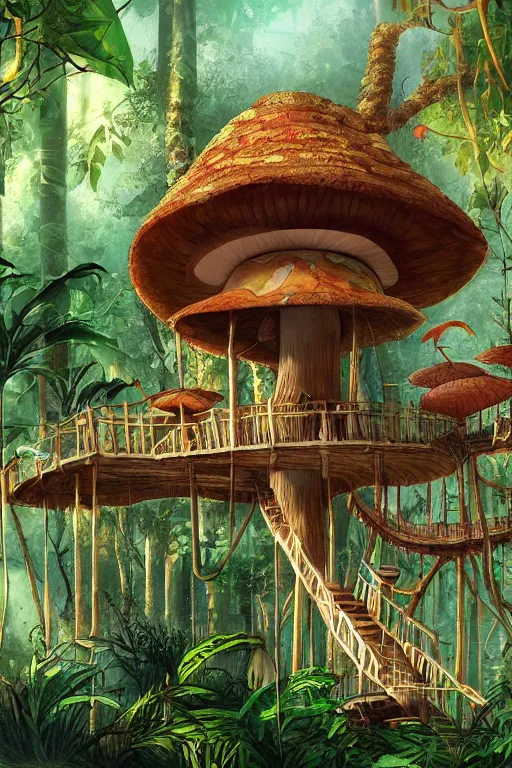 Image similar to a tree house in the jungle, big mushroom, sunshine, by alba ballesta gonzalez and moebius. 4 k wallpaper, digital 2 d, comic, illustration, extremely detailed, cinematic lighting, smooth sharp focus.