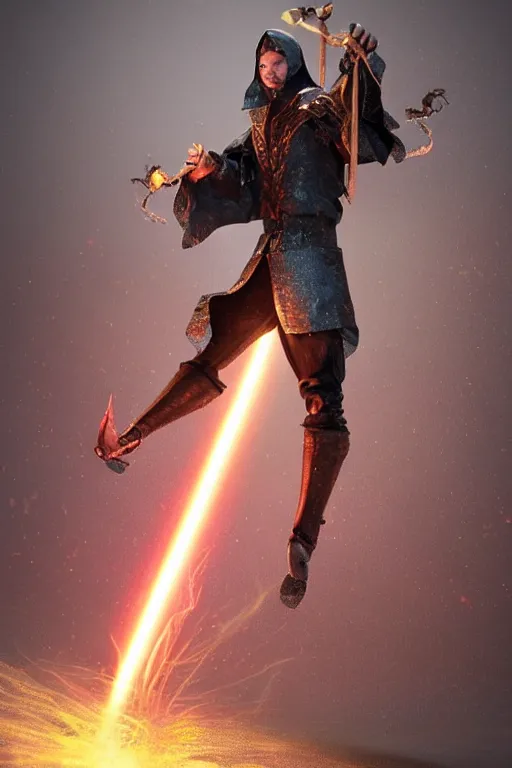 Image similar to wizard holding a sword that’s getting shocked by lightning towards the sky, octane, trending on artstation, cinema 4d, highly detailed