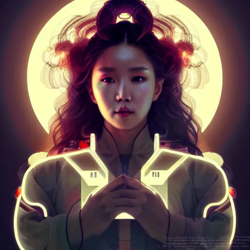 Image similar to portrait painting of hwasa as a cyberpunk technician with a halo and devil horns, ultra realistic, concept art, intricate details, eerie, highly detailed, photorealistic, octane render, 8 k, unreal engine. art by artgerm and greg rutkowski and magali villeneuve and alphonse mucha