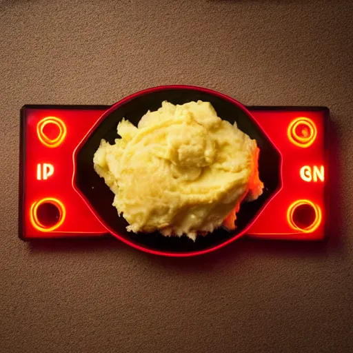 Prompt: neon gaming LED porkchops and mashed potatos, HD, trending on artstation, instagram post, -H 640