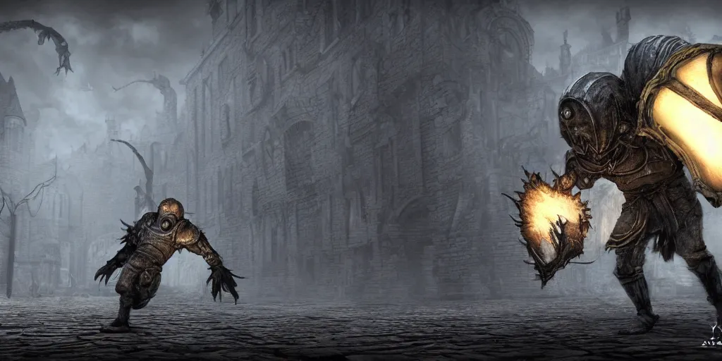 Image similar to minion as a darksouls boss, horror, hd, screenshot,