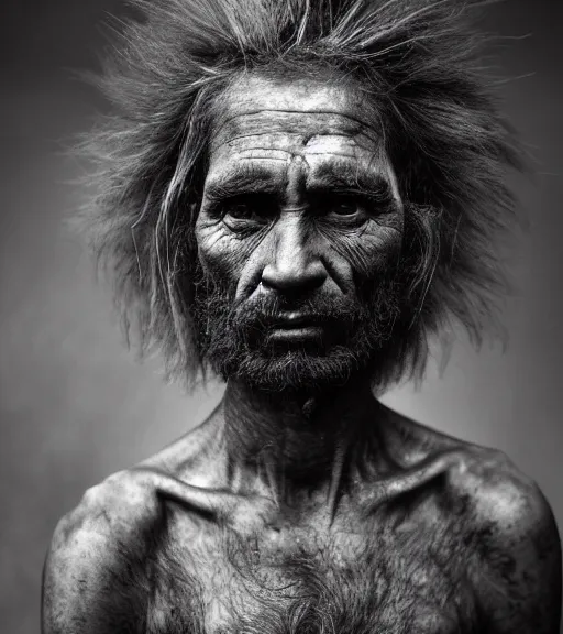 Image similar to Award winning reportage photo of prehistoric Cavepersons with incredible insane hair and beautiful hyper-detailed eyes wearing traditional garb by Lee Jeffries, 85mm ND 5, perfect lighting, gelatin silver process