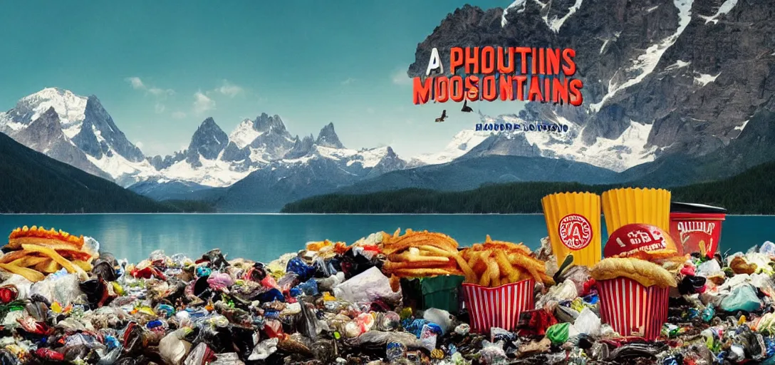 Image similar to a very high resolution image from a new movie. mountains, lake, garbage plastic, fast food, photorealistic, photography, directed by wes anderson