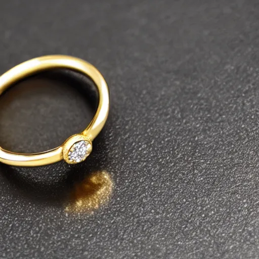 Prompt: a gold ring with an iridescent colored diamond, close up photo, studio photo, realistic, ultra detailed.