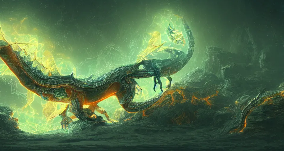 Image similar to electric dragon in the hell, intricate, elegant, glowing lights, highly detailed, digital painting, artstation, concept art, smooth, sharp focus, illustration, loneliness, great space, oleg vdovenko, 8 k, very high resolution, astrophotography, processing, extremely hyperdetailed