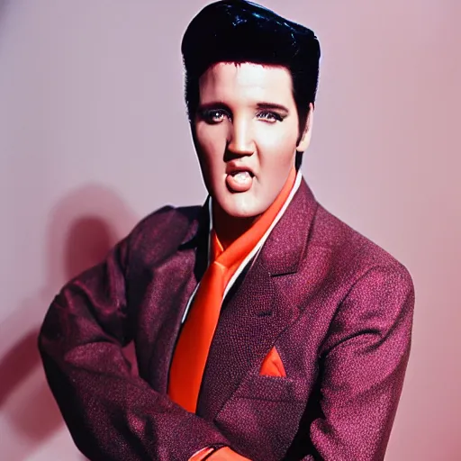 Image similar to elvis presley photo shoot, wearing a suit but the suit is made of fruit rollups, studio photography, 8 5 mm,