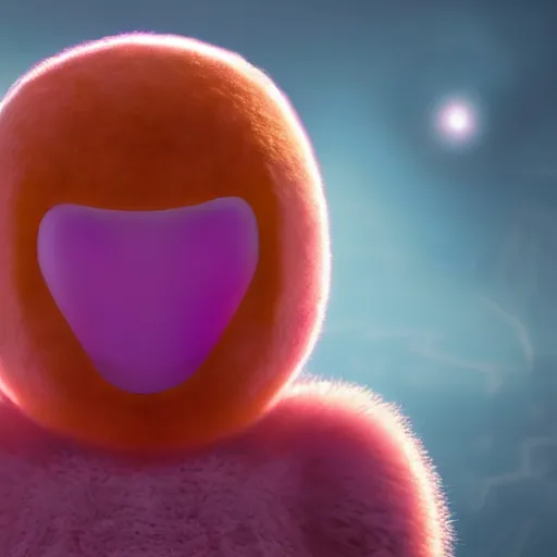 Image similar to an alien with a face that looks like a fuzzy peach the peach is fuzzy pink warm and ripe the alien has horns and a mean smile, 4k, highly detailed, high quality, amazing, high particle effects, glowing, majestic, soft lighting