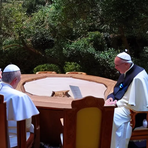 Prompt: the pope in a spiritism session, round table