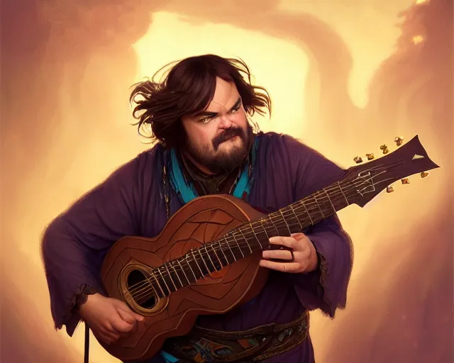 Prompt: photography of jack black as a bard with a guitar singing 8 k, deep focus, d & d, fantasy, intricate, elegant, highly detailed, digital painting, artstation, concept art, matte, sharp focus, illustration, hearthstone, art by artgerm and greg rutkowski and alphonse mucha