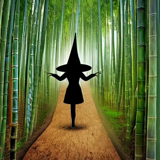 Image similar to a witch has turned her head into bamboo, standing in front of a mirror laughing