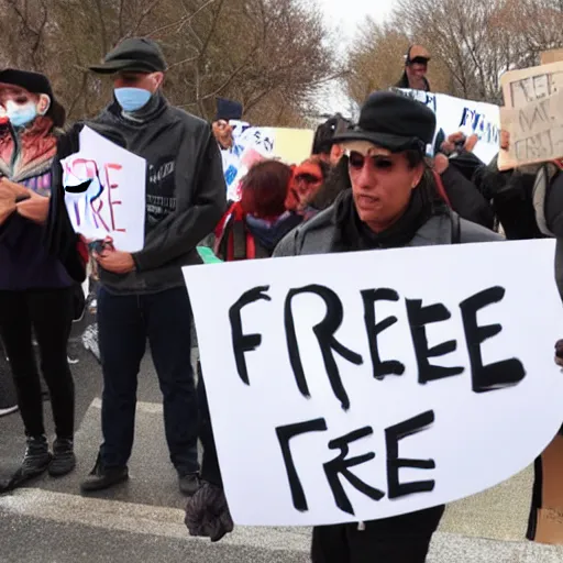 Image similar to protesters holding a sign that says free hat