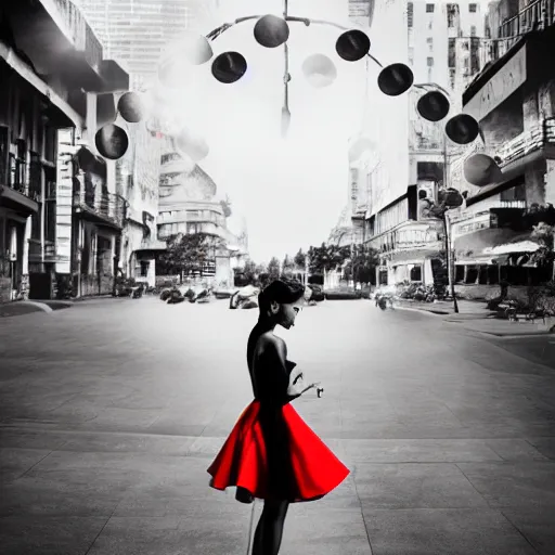 Prompt: beautiful woman in a short coffee dress standing under the circle of light on the street, grayscale phtoto with red dress, photo noire style, high resolution, 4k, highly detailed, attention to details, detailed face, realism, photo-realism, photo by marco glaviano, 35mm