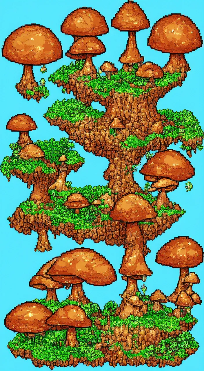 Prompt: a fantasy world with big mushrooms in pixelart style