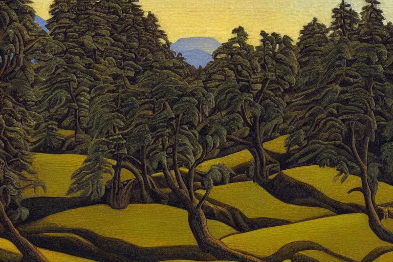 Image similar to masterpiece painting of oak trees on a hillside overlooking a creek, dramatic lighting, by lawren harris