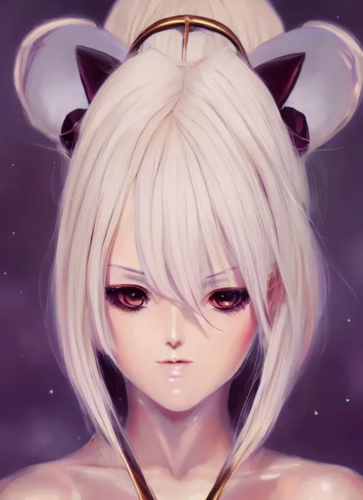 Image similar to a frontal portrait of a very beautiful anime girl pope!!!!!! with cat ears, white hair, gold skin, digital painting, art by wlop artgerm ilya kuvshinov, sharp focus, highly detailed