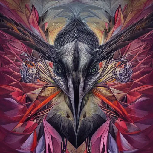 Image similar to a simple crow painting by Android Jones and M. C. Escher collaboration