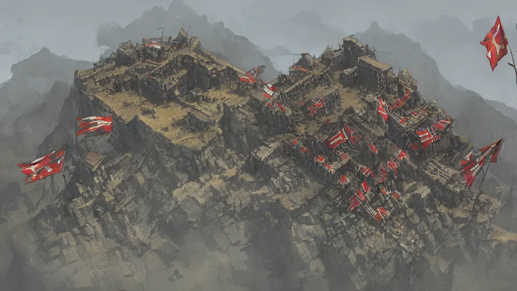 Prompt: top down view of fortified mountain bastion with flag banners, papyrus, watercolored, jakub rozalski, dark colours, dishonored, artstation